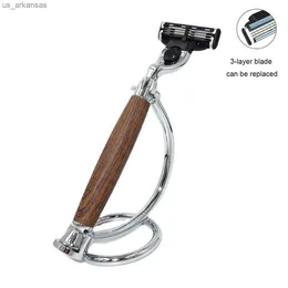 iRAZOR Shaving Razor For Men Face Hair Removal Wood Grain Handle with 3-Layer Shaver Blade and Stand Holder Nice Gift for Him L230523