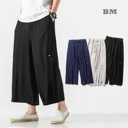 Pants Chinese Style Hanfu Loose Linen Plus Size Casual Cropped Trousers 2021 Straight WideLeg Pants Summer Harajuku Hakama Men