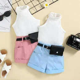 Clothing Sets 3Pcs Baby Girl Cotton Outfits Solid Color Sleeveless Ribbed Stand-Up Collar Tops Belted Short Pants Small Waist Pack Clothes