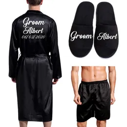Mäns Robes Groom Robe Emulation Silk Soft Home Bathrobe Nightgown For Men Kimono Anpassat namn och datum personaliserad för bröllopsfest 230612