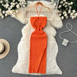 Vestidos Casuais Halter Crochet Bodycon Dress Out Sexy Split Dresses Off Shoulder Backless Party Vestido Coreano Feminino Chic Fashion Robe Y2k Z0612