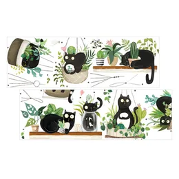 Väggklistermärken dekal växt katt klistermärke dekaler barnkammare grön svart krukut fönster djurblad krukor växter kaktus väggmålningar klingar