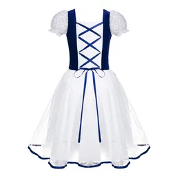 Dancewear Romantic Tutu Giselle Ballet Costumes Girls Child Velet Tulle Skating Dress Ballerina Bubble Short Sleeve Lace-Up Summer Dress 230612