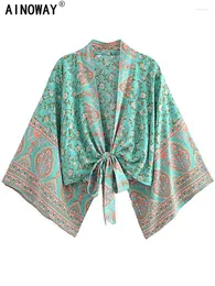 Kadın Mayo Vintage Boho Kimono Kısa Çökel Mayolar Kadın Moda Yeşil Çiçek Batwing Rayon Rayon Bohemian Bikini Kapaklar