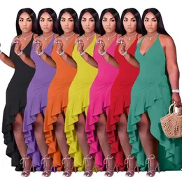 Nowe sukienki letnie w dużych rozmiarach seksowna suwnikowa bez rękawów solidny kolor v szyi szkielet ruffle nieregularny długie sukienki ubrania