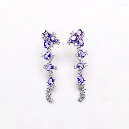 Studörhängen Natural Real Blue Tanzanite Luxury Long Drop Earring 3 4mm 0.25CT 12pc Gemstone 925 Sterling Silver Fine Jewelry X219124