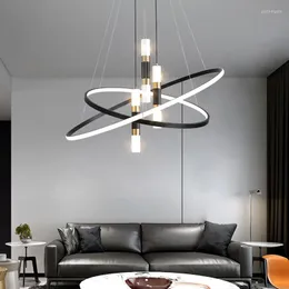 Żyrandole nowoczesne proste czarny okrągły pierścień Lampa LED Lampa do salonu sypialnia do jadalni kuchenne stół barowy Lekkie Lekkie