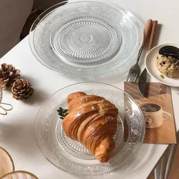 Tallrikar 1st Korean Style Petttern Vintage Glass Round Plate Table Seting Decor Dessert Breakfast Freat Sallad Services Nordic Table Seary