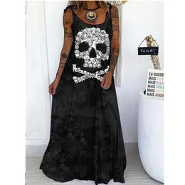 Grundläggande avslappnade klänningar Punk Summer Dres Gothic Short Sleeve Skull Print Long Maxi Streetwear Ankellength Vestidos Mujer sundress 230612