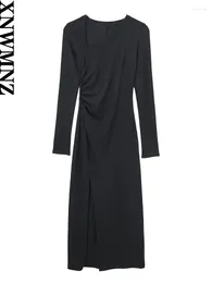 Vestidos casuales XNWMNZ 2023 moda mujer vestido con escote asimétrico mujer Vintage manga larga plisado lateral Slim Fit mujer Midi