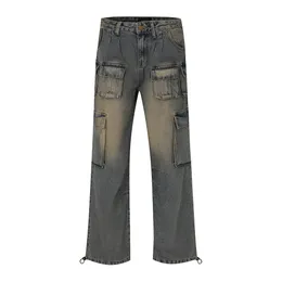 Hip Hop Yellow Multi-bolsillo Straight Baggy Jeans Unisex Washed Vintage Casual Cargo Pants Pantalones de mezclilla sueltos para hombres