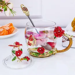 Copos de vinho vermelho azul rosa vidro esmalte cristal flor borboleta xícaras de chá pintadas com colher caneca café da manhã