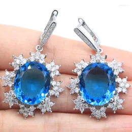 Dangle Earrings 45x27mm Romantic Oval Gemstone London Blue Topaz Rich Aquamarine White CZ Gift For Sister Wedding Silver