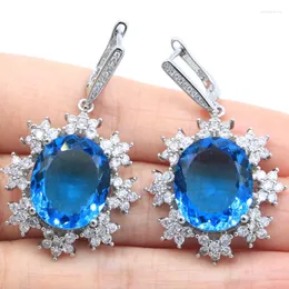 Kolczyki Dangle 45x27mm romantyczny owalny owalny szlachetny londyń Blue Topaz Rich Aquamarine White CZ Prezent na siostrzane ślubne srebrne