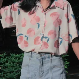Pfirsich Obst Voll Shirt Frauen Bluse 2022 Sommer Rosa Floral Chic Kurzarm Dame Süße Button Up Hemd Harajuku Koreanische