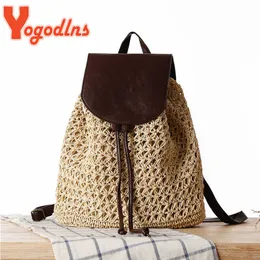 Mochila Yogodlns Summer Hollow Out Drawstring Hasp Straw Bag School Bag Tricô Mochilas Beach Bag Travel Holiday Ladies Tote Bag J230517