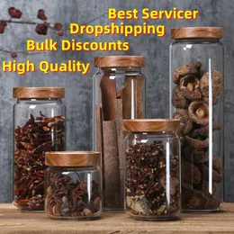 Storage Boxes Bins Wood Lid Glass Airtight Canister Kitchen Bottles Jar Sealed Food Container Tea Coffee Beans Grains Candy Jars Organizer 230613