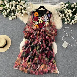 Casual Dresses Summer Flower Embroidery Lace Prom Party Dress Women Long Lantern Sleeve Ruffles Gorgeous Floral Print Ball Clown Vestidos