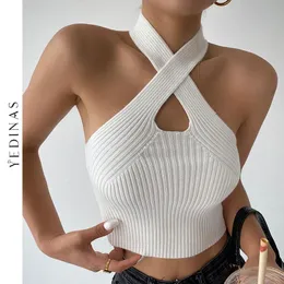 Tops Yedinas Gestrickte Halter Tank Tops Crop Top Frauen Kleidung 2022 Allmatch Frühling Sommer Sexy Streetwear Koreanische Schwarz Weiß Top Neue