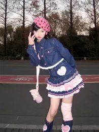 Spódnice japońskie słodkie lolita mini spódnice kulkowe Kobiety harajuku urocza dżinsowa spódnica preppy w stylu dziewczęta wysoka talia kawaii koronkowa spódnica 230612
