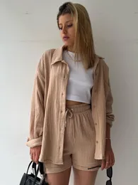 Women's Two Piece Pants Fashion Chic Pleated Lapel Shirts Sets Autumn Long Sleeve Blouses With High Waist Shorts Sets Plus Size Loose Women Casual Suits 230612