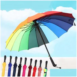 Umbrellas Long Straight Handle Umbrella 16K Strong Windproof Solid Color Pongee Rainbow Men Women Sunny Rainy Bumbershoot Bh4792 Tqq Dhpcf