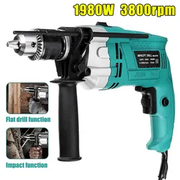 Boormachine DrillPro 3800 rpm 1980 W 13 mm Electric Impact Drill Flat Drill Młot obrotowy Multifunkcja z Kluczką Skalacyjną Pasek 220V