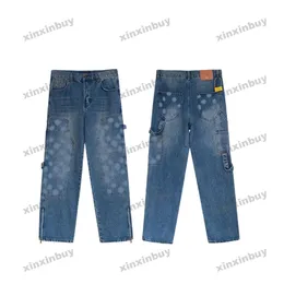 xinxinbuy Männer Frauen Designer Hose Prägung Brief Denim Jeans Reißverschluss Säume Tasche zerstört Frühling Sommer Freizeithose Blau Grau M-2XL