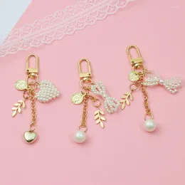 Keychains Cute Korean Girls Pearl Bow-knot Keychain Metal Leaf Portrait Pendant Key Bag Accessories Friends Gift Trendy Women Jewelry