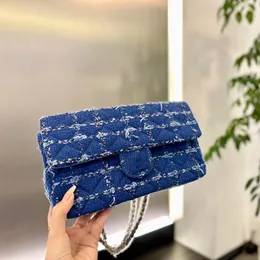 Bolsa feminina francesa de tweed jeans azul CF clássica mini aba acolchoada dourada Metak hardware matelassê corrente crossboidy bolsas de ombro 20 cm/25 cm