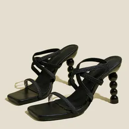 Liyke Strange Style High Heels Women Cozy Stretch Slip-On Back Strap Sandals Fashion Square Toe Summer Shoes Sandalias De Mujer