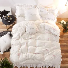 寝具セットホワイトピンク100コートン韓国の寝具セットツインクイーンキングサイズキッズガールズベッドベッドセットプリンセス羽毛布団カバーベッドシートリネンセットZ0612