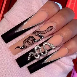 False Nails 24pcs/Set Black French Luxury Silver Snake Rhinestone Coffin Shaped Matte Fake Fingernail Makeup Nail Art Tips