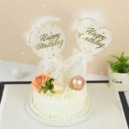 Festive Supplies 1pc Feather Tulle Cake Topper Iron Circle Pearl Toppers Happy Birthday Party Baking Decor Kids Baby Shower