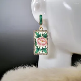 Dingle örhängen mode rektangel strass för kvinnor elegant rosa lotus bladmönster örhänge charm kvinnliga smycken gåvor