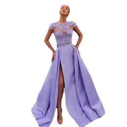 Vestidos de noite lavanda linha A com miçangas Transparente decote em joia com lantejoulas Dividir lateral Vestido formal comprimento até o chão Vestidos de formatura plus size com aplicação de cetim