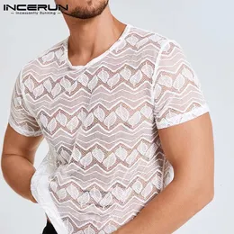 Men's T-Shirts Men T Shirt Mesh Lace See Through Streetwear O Neck Breathable Short Sleeve Sexy Tee Tops Party Casual Camisetas S-5XL INCERUN 230613