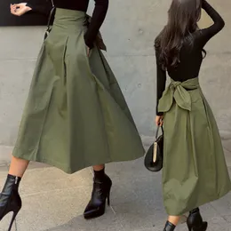 스커트 Shintimes Skirts 여자 한국 패션 단색 큰 스윙 여성 치마 긴 치마 가을 야생 하이 허리 보우 슬림 치마 230612