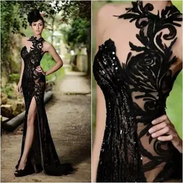 Rami Salamoun Elegant Prom -klänningar Pärlor Split Appliced ​​High Neck Mermaid Sequin Evening Dresses 2023 Real Image Billiga långa formella klänningar