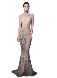 샴페인 Ziad Nakad Mermaid Beaded Evening Dresses High Neck Lace Appiqued Floor Rength 댄스 파티 가운 얇은 명주 그릇된 정식 드레스