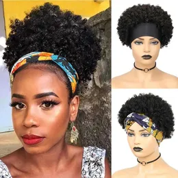 Lace Wigs Headband Wig Afro Curly Scarf Wig Brazilian Remy Human Hair for African Women Turban Wrap-wig Afro Puff Half Hair Up-do Wigs Z0613