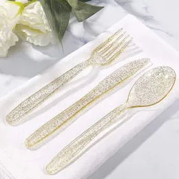 Dinnerware Sets 75pcs Gold Plastic Silverware- Disposable Glitter Cutlery- 25 Forks Spoons Knives Flatware Includes