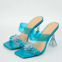 Liyke Pantofole da donna con fiore trasparente in PVC trasparente Moda Strani tacchi alti Ciabatte femminili Scivoli Sandali estivi Scarpe