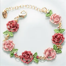 Link Bracelets Design Sweet Vintage Pearl Rose Flower Bracelet For Women Korean Cute Tassel Red Peach Pendant Aesthetic Jewelry