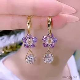 New Purple Flower Dangle Earrings For Women Girls Shining Love Heart Waterdrop Earring Wedding Luxury Jewelry R230613