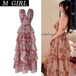 Casual Dresses Summer Fashion Pink Floral Print Beach Chic Ruffles Cake Maxi Dress Women Sexy V Neck Hanging Sleeveless Party Robes