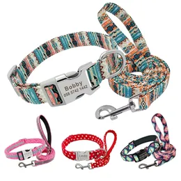 Dog Collars Leashes Personalized Dog Collar and Leash Set Reflective Nylon Pet Collars Lead Leash Engraved ID Tag for Small Large Dogs 230612