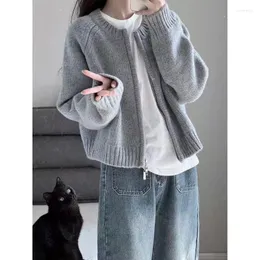 Women's Knits Preppy Style Y2k Sweater Short Loose Spring Grey Cropped Cardigan Zipper Knitted Tops Casual Jacket Oversized Sueters