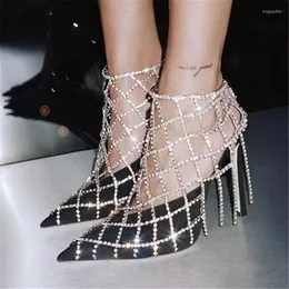Sandali Designer Donna Donna Punta a punta Décolleté sexy Tacchi alti neri Scarpe da sera con frange in cristallo Scarpe da gladiatore da donna