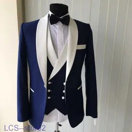 Мужские костюмы Blazers Blue Men Wedding 2018 Новый бренд дизайн моды настоящий жених белый шаль лацэля жениха